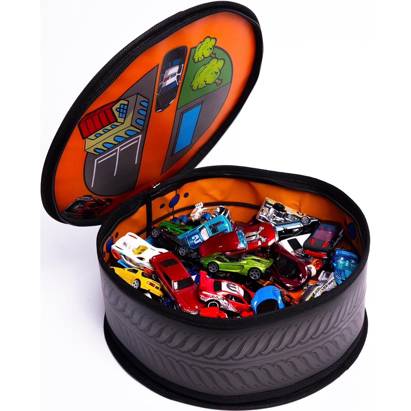 Tara Toy: ZipBin Wheelie Track Pack - Unzips Into A Racetrack Mat, Holds 100 Toy Cars, Storage & Play, Circle Tire Design, Kids Ages 3+
