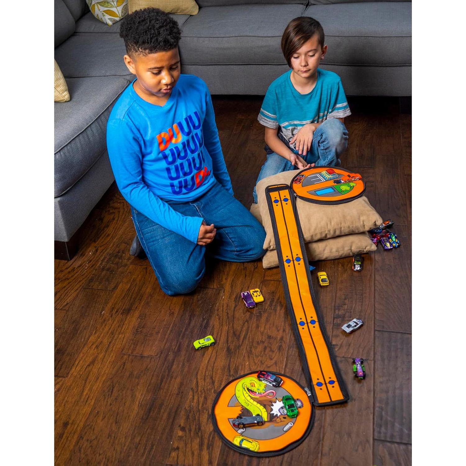 Tara Toy: ZipBin Wheelie Track Pack - Unzips Into A Racetrack Mat, Holds 100 Toy Cars, Storage & Play, Circle Tire Design, Kids Ages 3+