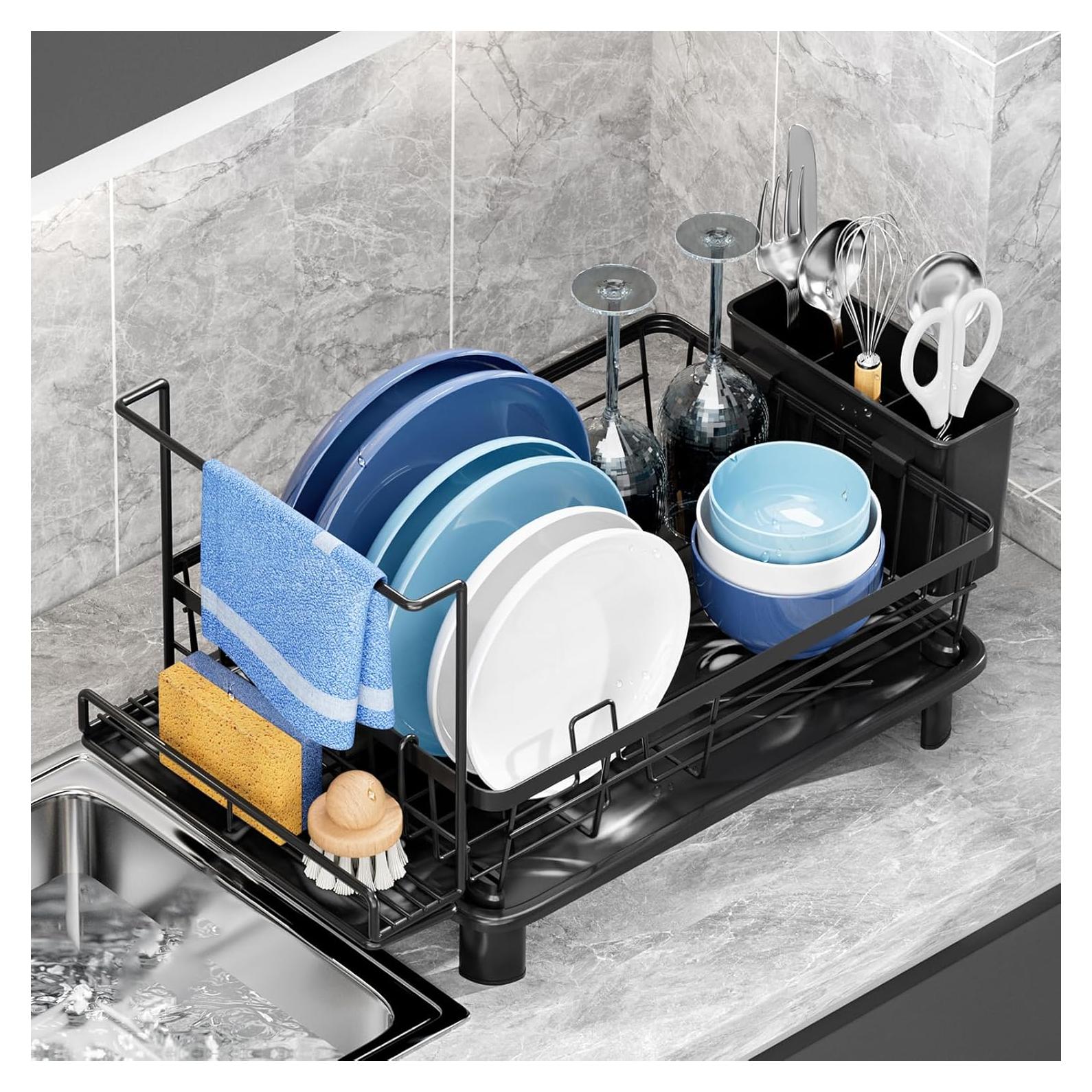 Escurridor de Platos GAOKASE Negro con Soporte para Esponja