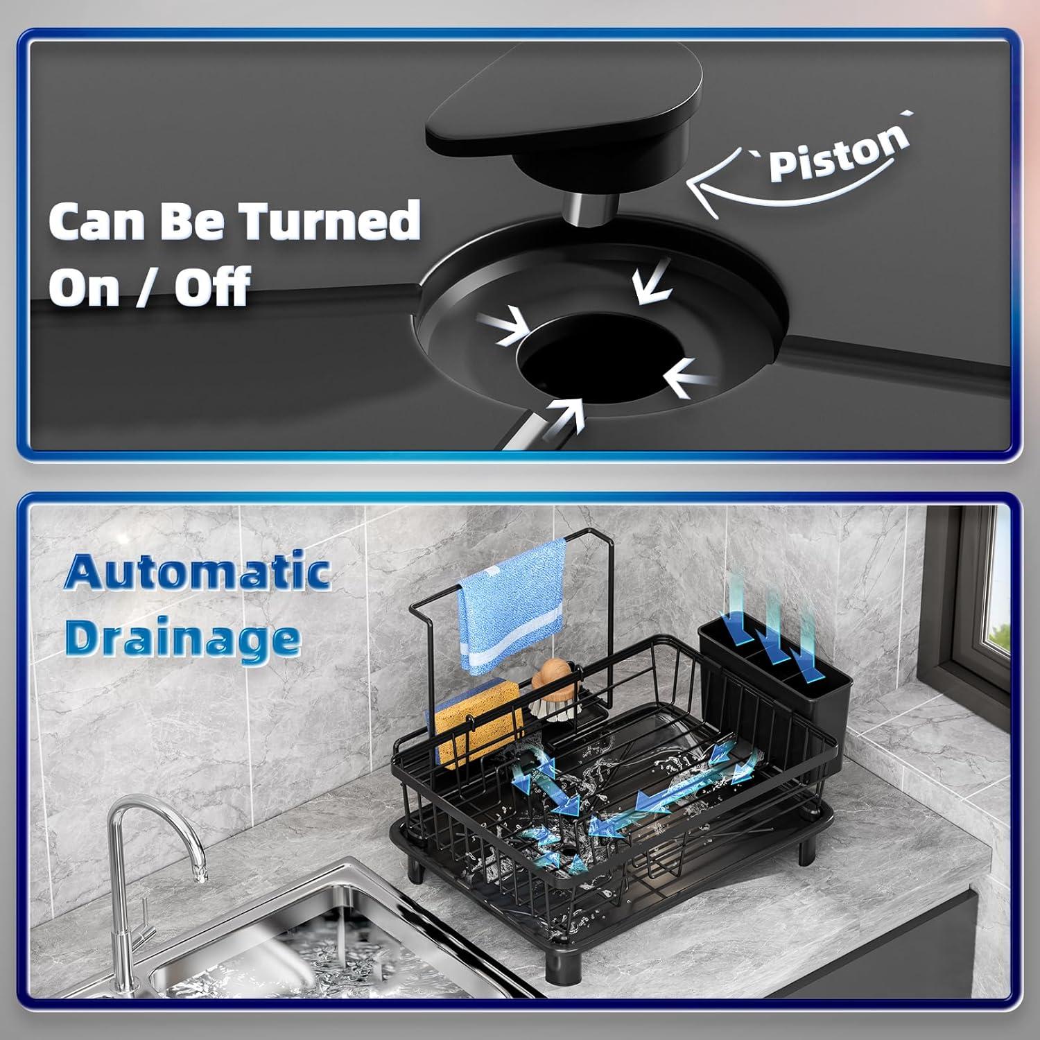 Escurridor de Platos GAOKASE Negro con Soporte para Esponja