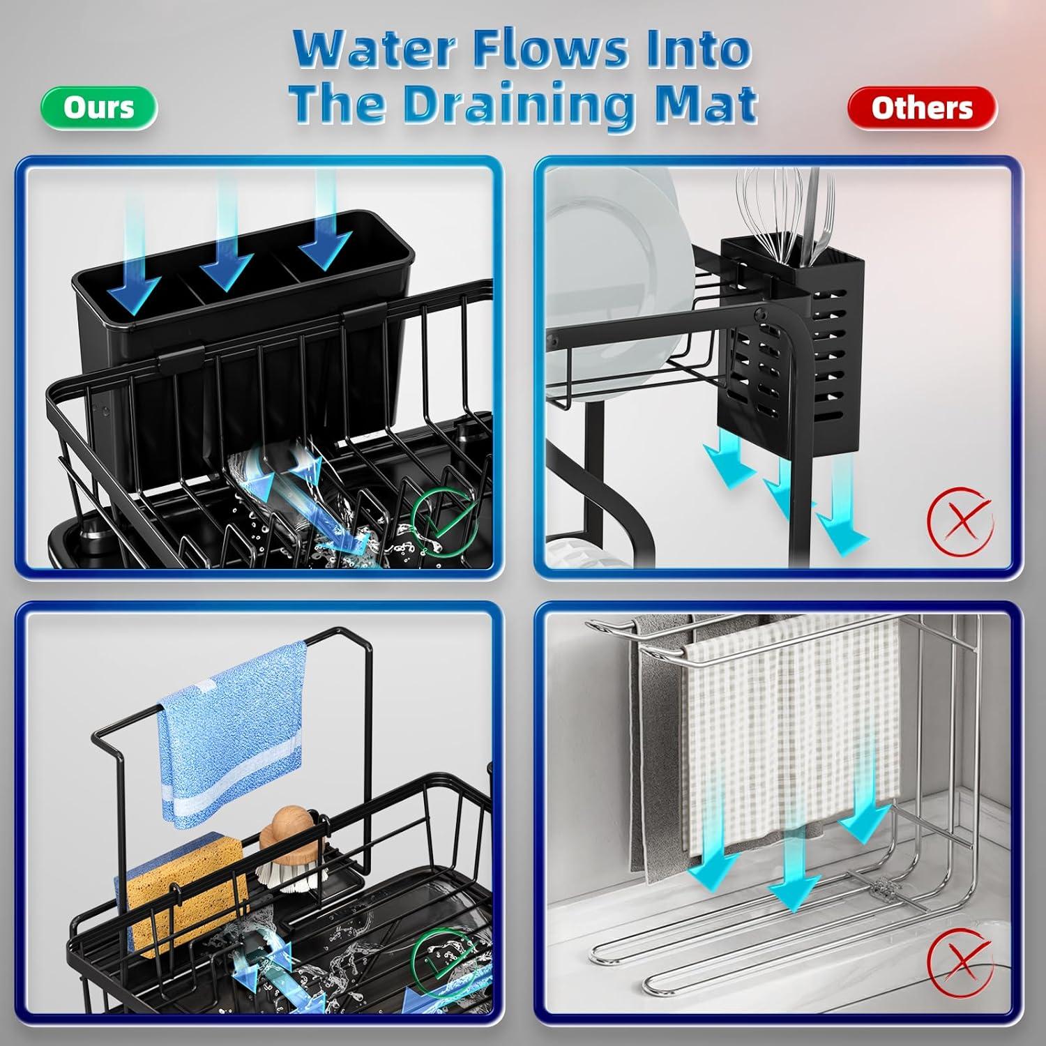 Escurridor de Platos GAOKASE Negro con Soporte para Esponja