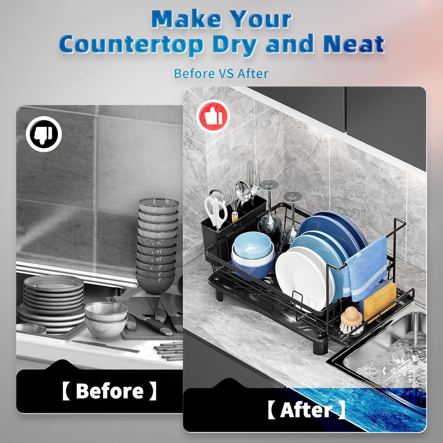 Escurridor de Platos GAOKASE Negro con Soporte para Esponja