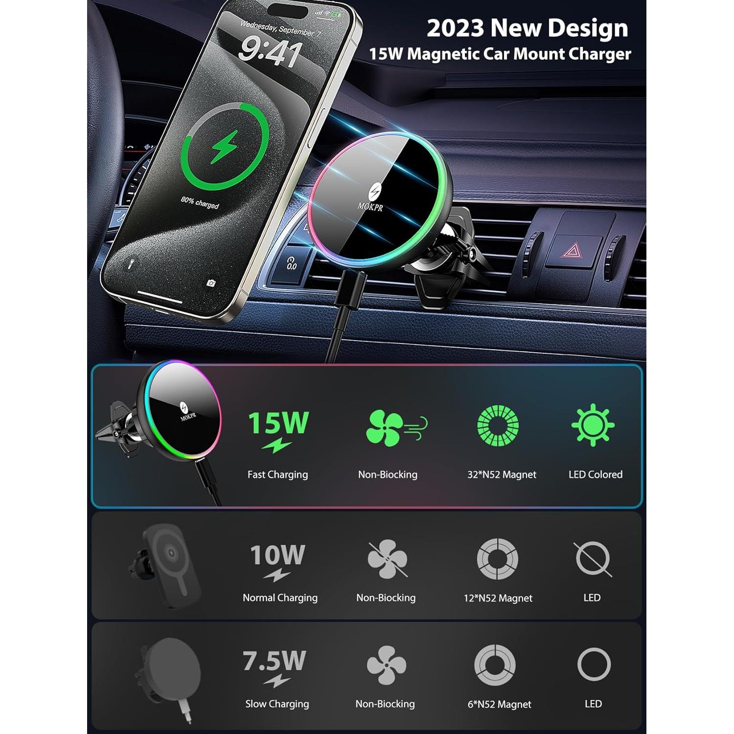 Cargador de coche MOKPR MagSafe 15W con soporte magnético