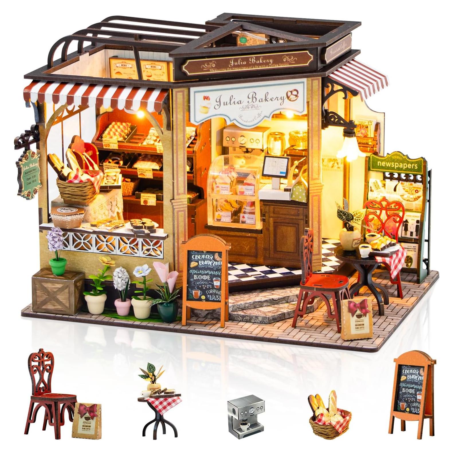 Kit de Casa de Muñecas DIY Foyucool Panadería con Luz LED