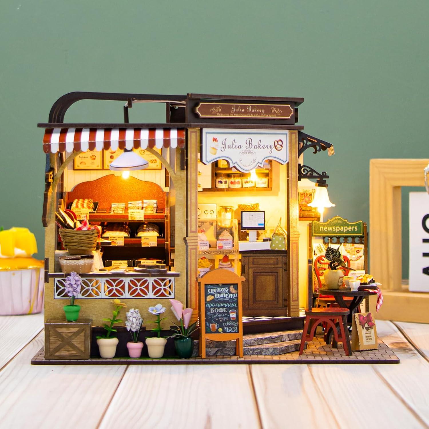 Kit de Casa de Muñecas DIY Foyucool Panadería con Luz LED