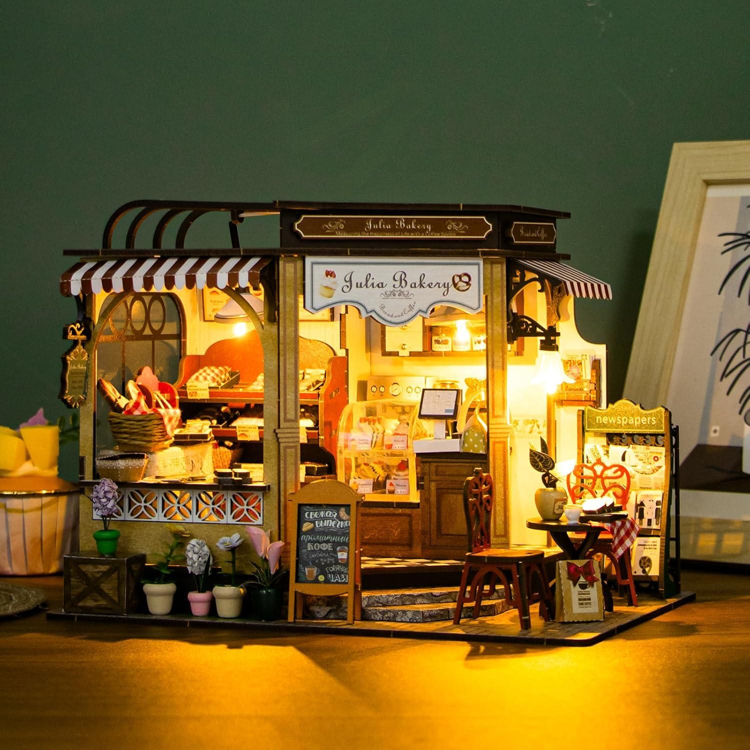 Kit de Casa de Muñecas DIY Foyucool Panadería con Luz LED