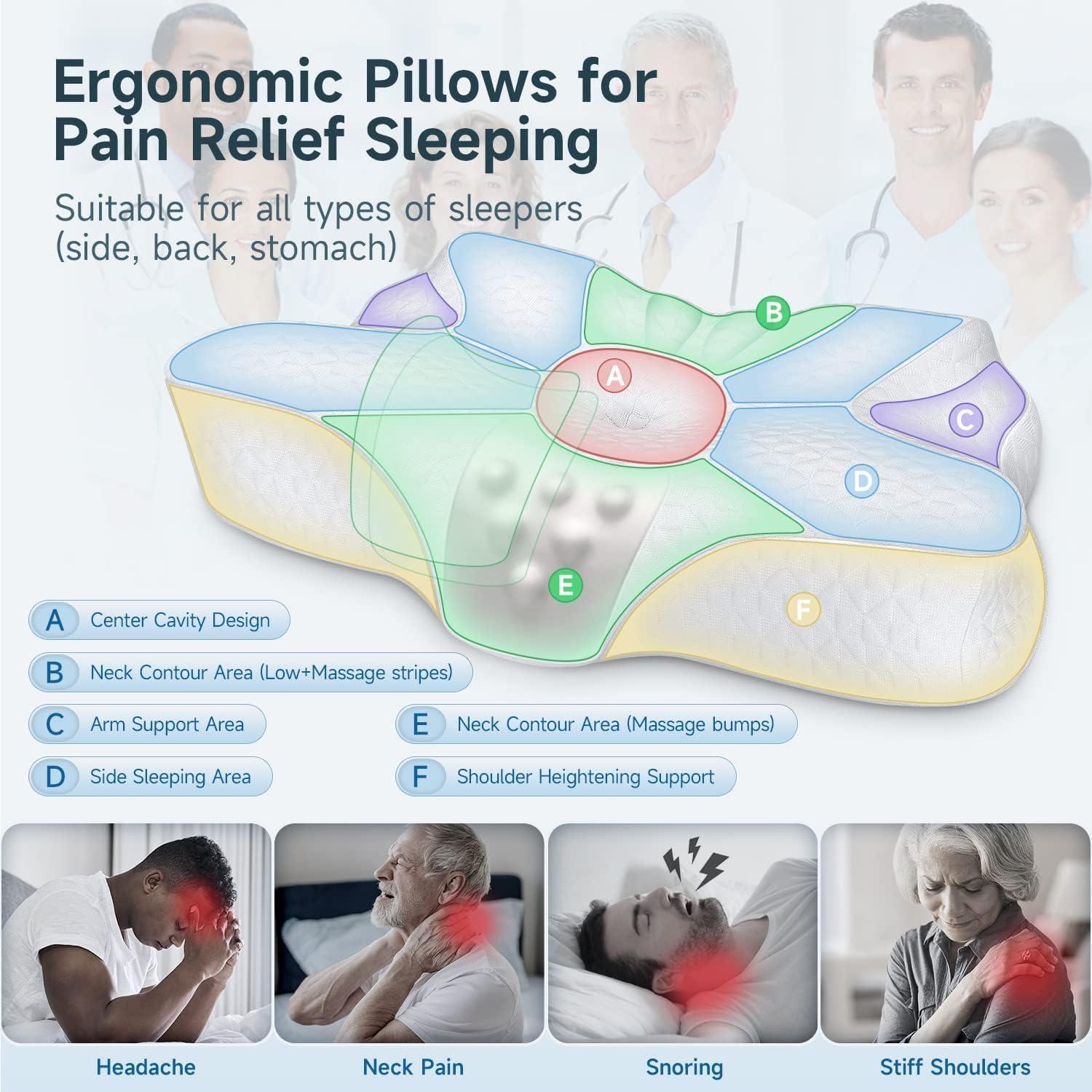Cervical Pillow, Memory Foam Pillow for Neck Head Shoulder Pain Relief Sleeping Supports Your Head, Cooling Ergonomic Orthopedic Contoured Neck Bed Pillow for Side, Back,Stomach Sleepers