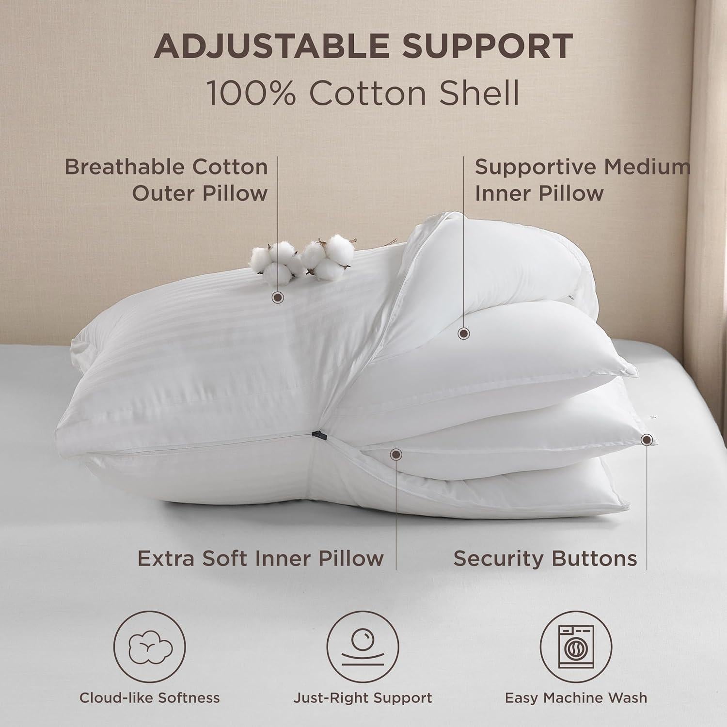 Bedsure Adjustable Layer Bed Pillows for Sleeping - Luxury, Fluffy Queen Pillows Set of 2, Assemblable Firmness & Height with 100% Cotton Cover, Machine Washable for Back, Stomach or Side Sleepers