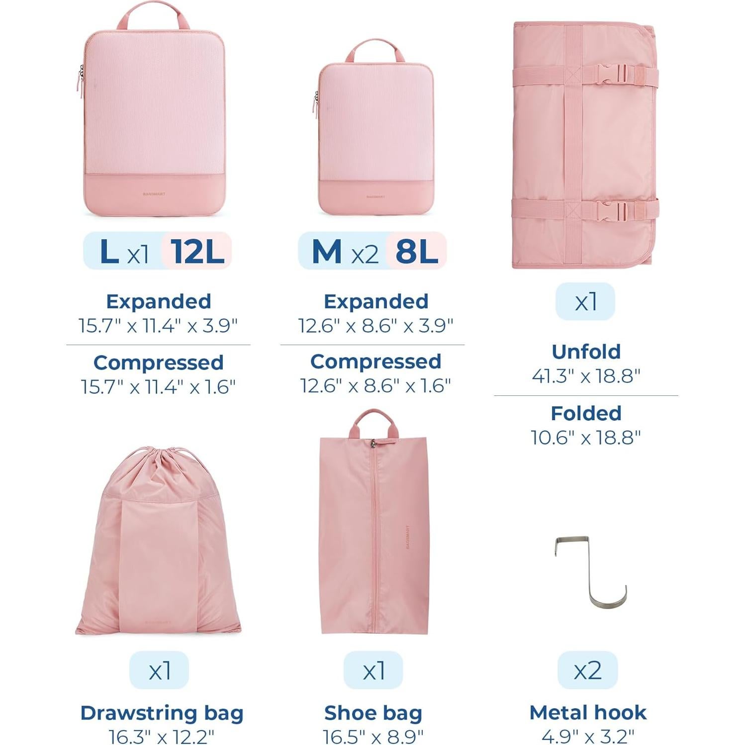 BAGSMART Organizador de Viaje Rosa Bebé, 6 Piezas Cubos y Estantes