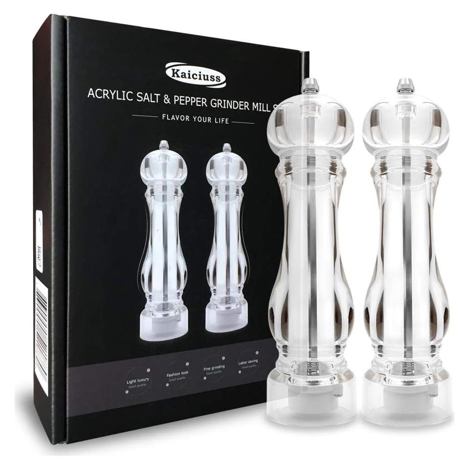 salt and pepper grinder mill set refillable large,the best transparent acrylic grinders for whole peppercorn and himalayan salt