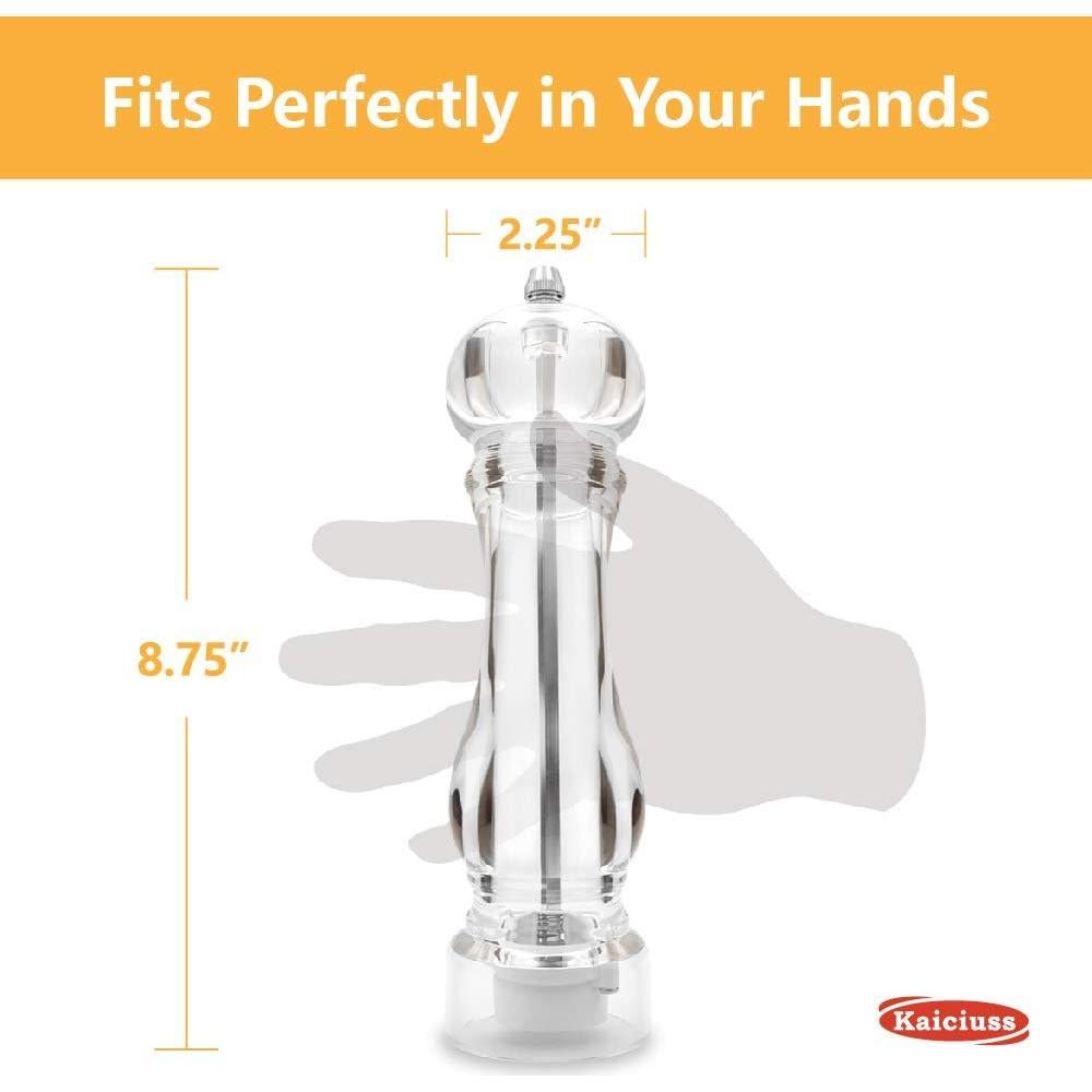 salt and pepper grinder mill set refillable large,the best transparent acrylic grinders for whole peppercorn and himalayan salt