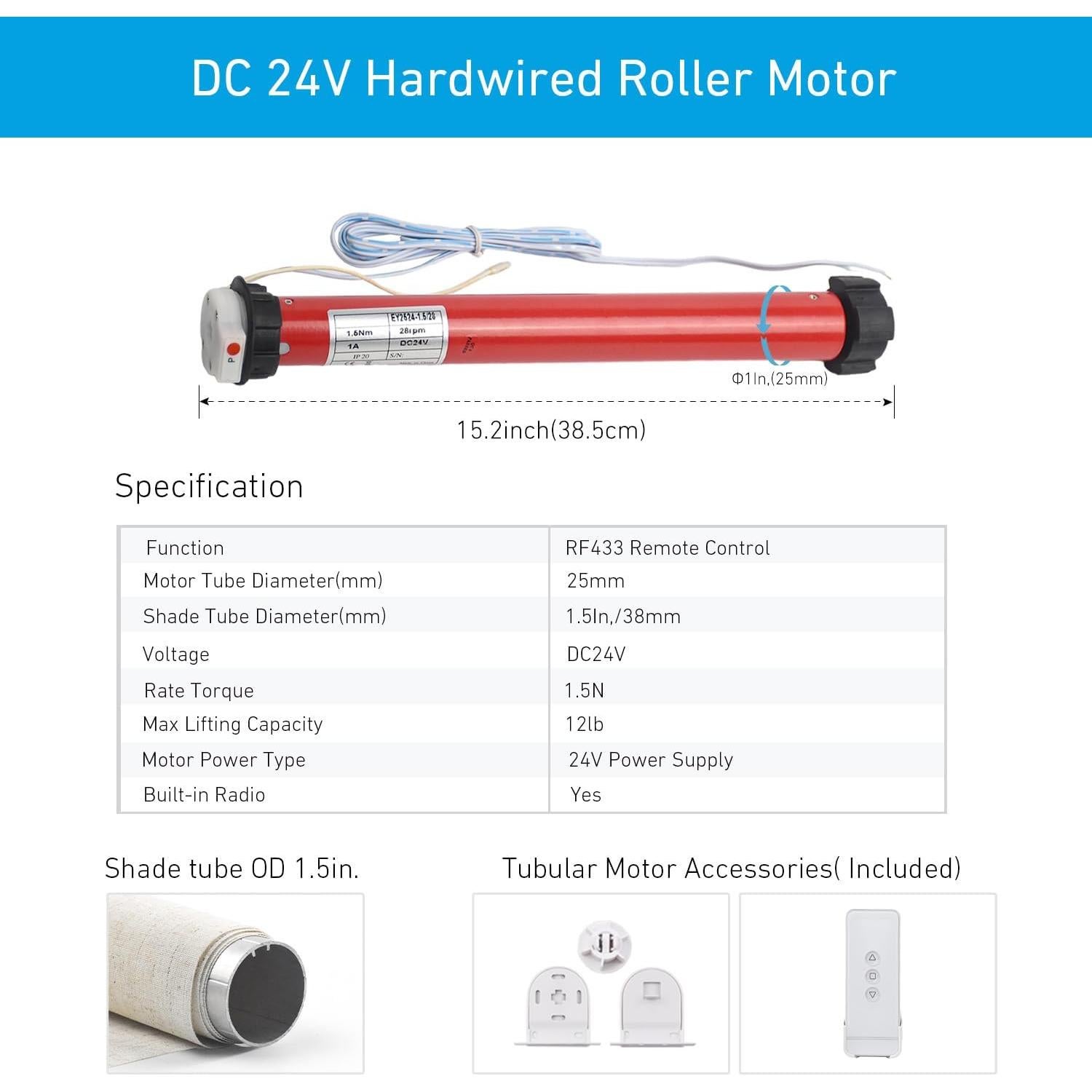 Kit Motor Tubular DC24V Rollerhouse para Cortinas 1.5"