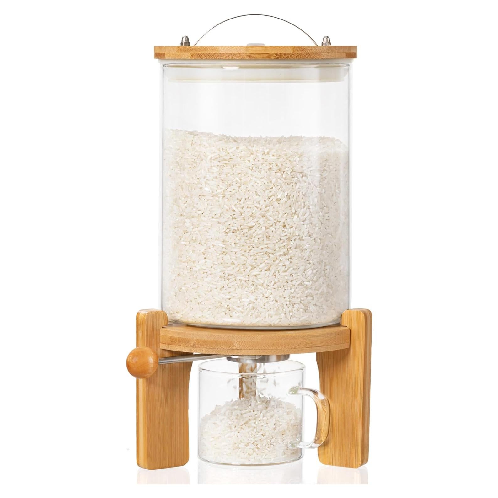 5-7 lbs Glass Rice Dispenser with Wooden Stand Flour and Cereal Container with Glass Measuring Cup & Labels & Slider mat Pantry Food Organization Storage Bin with Airtight Bamboo Lid, 3L