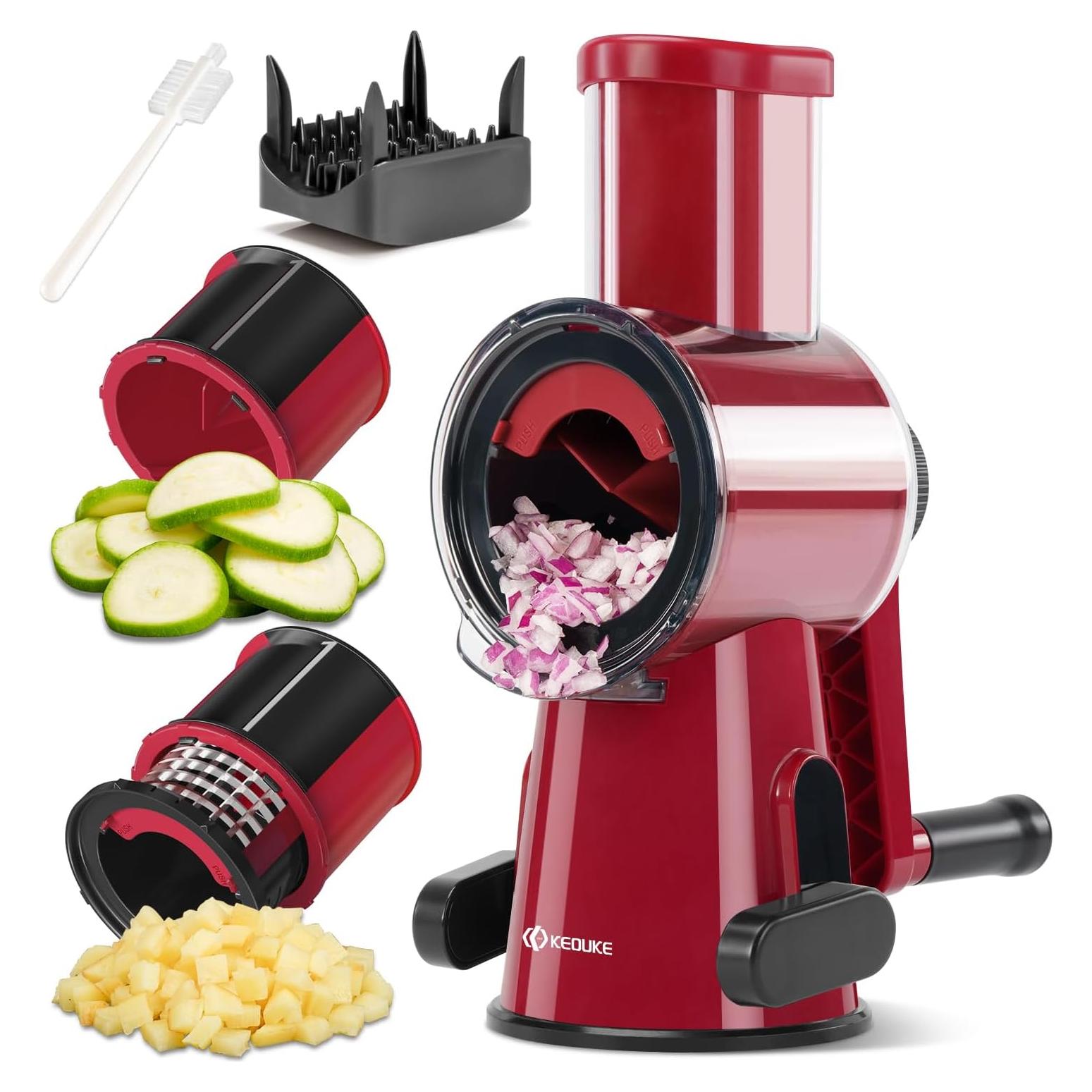 KEOUKE Manual Vegetable Chopper & Slicer - 2-in-1 Hand Crank Food Cutter with Cleaning Tools, Non-Slip Suction Base, Safety Pusher - Safe Effortless for Potato Carrot Onion - Red&Black