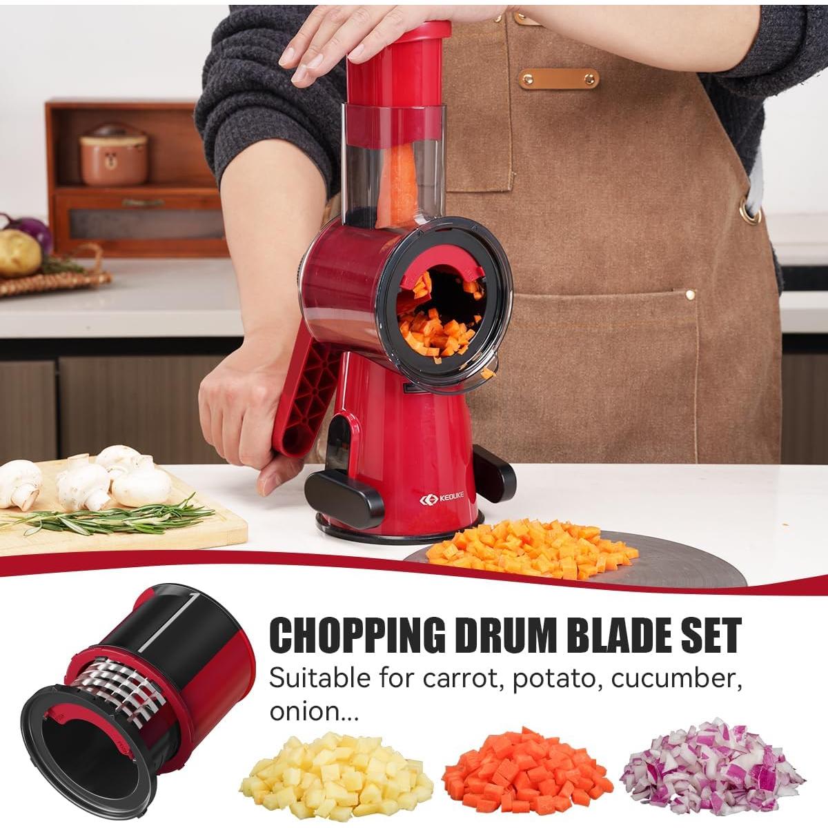 KEOUKE Manual Vegetable Chopper & Slicer - 2-in-1 Hand Crank Food Cutter with Cleaning Tools, Non-Slip Suction Base, Safety Pusher - Safe Effortless for Potato Carrot Onion - Red&Black