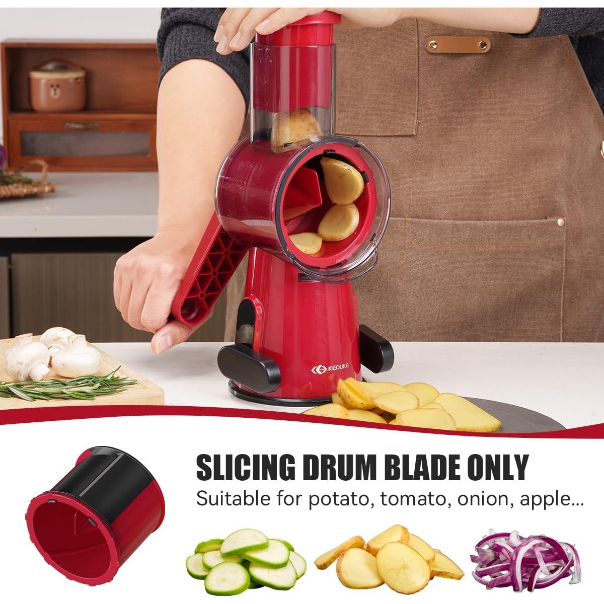 KEOUKE Manual Vegetable Chopper & Slicer - 2-in-1 Hand Crank Food Cutter with Cleaning Tools, Non-Slip Suction Base, Safety Pusher - Safe Effortless for Potato Carrot Onion - Red&Black