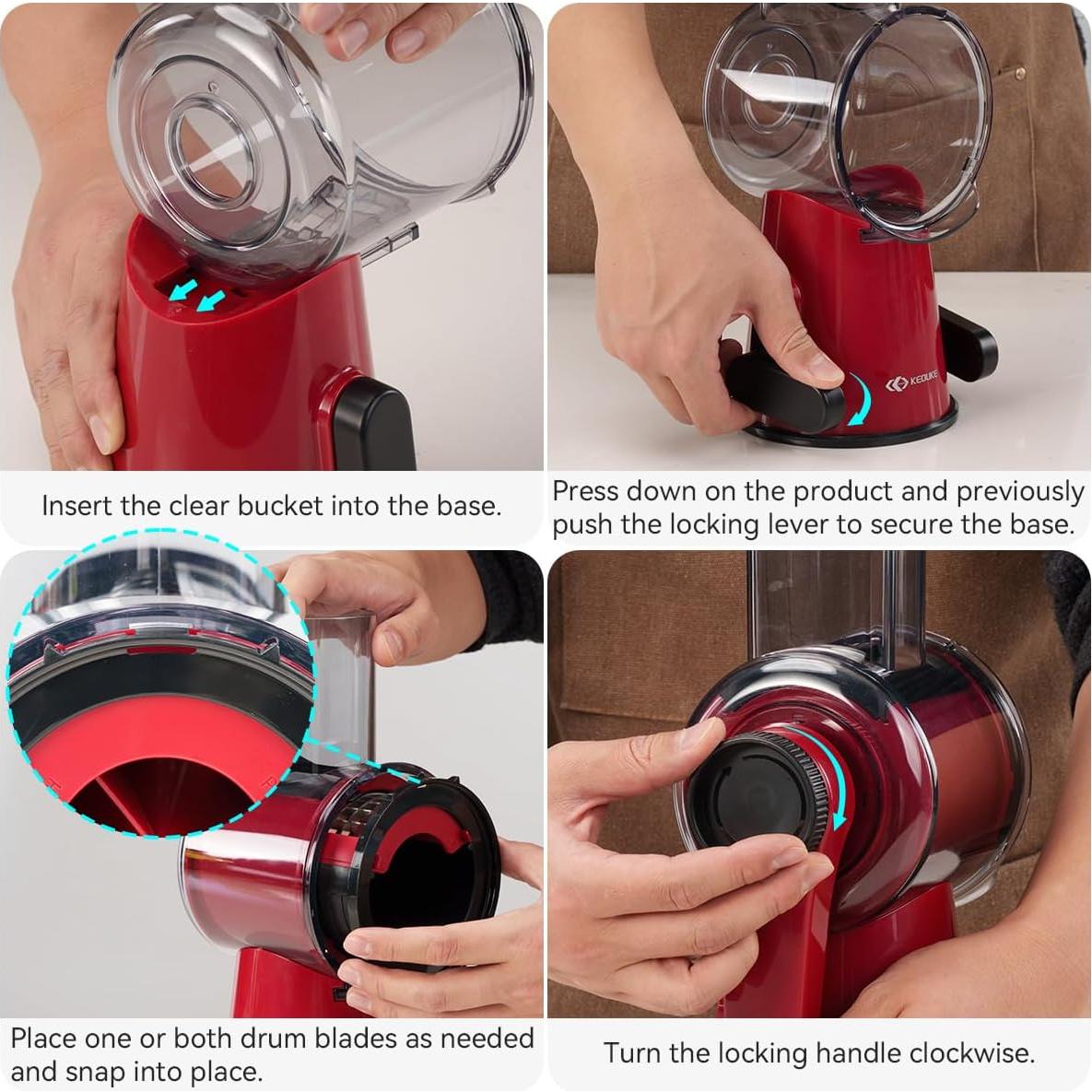 KEOUKE Manual Vegetable Chopper & Slicer - 2-in-1 Hand Crank Food Cutter with Cleaning Tools, Non-Slip Suction Base, Safety Pusher - Safe Effortless for Potato Carrot Onion - Red&Black