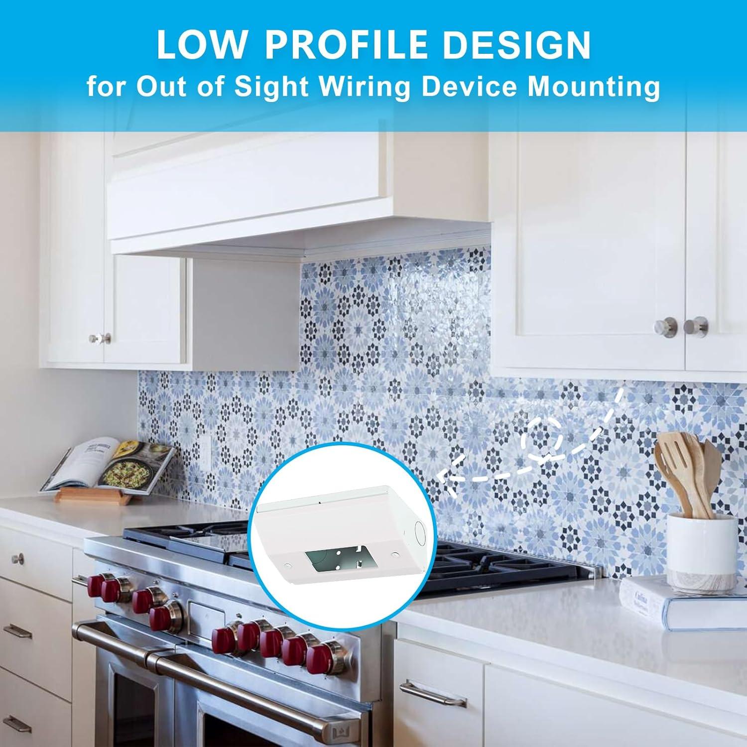 Under Cabinet Outlet Box with Low Profile Design, Hidden Electrical Solution, Easy to Install, Heavy Duty Metal Structure, Comply with NEC Standards, Keep Tile Backsplash Tidy, GFCI Outlet Fit Box