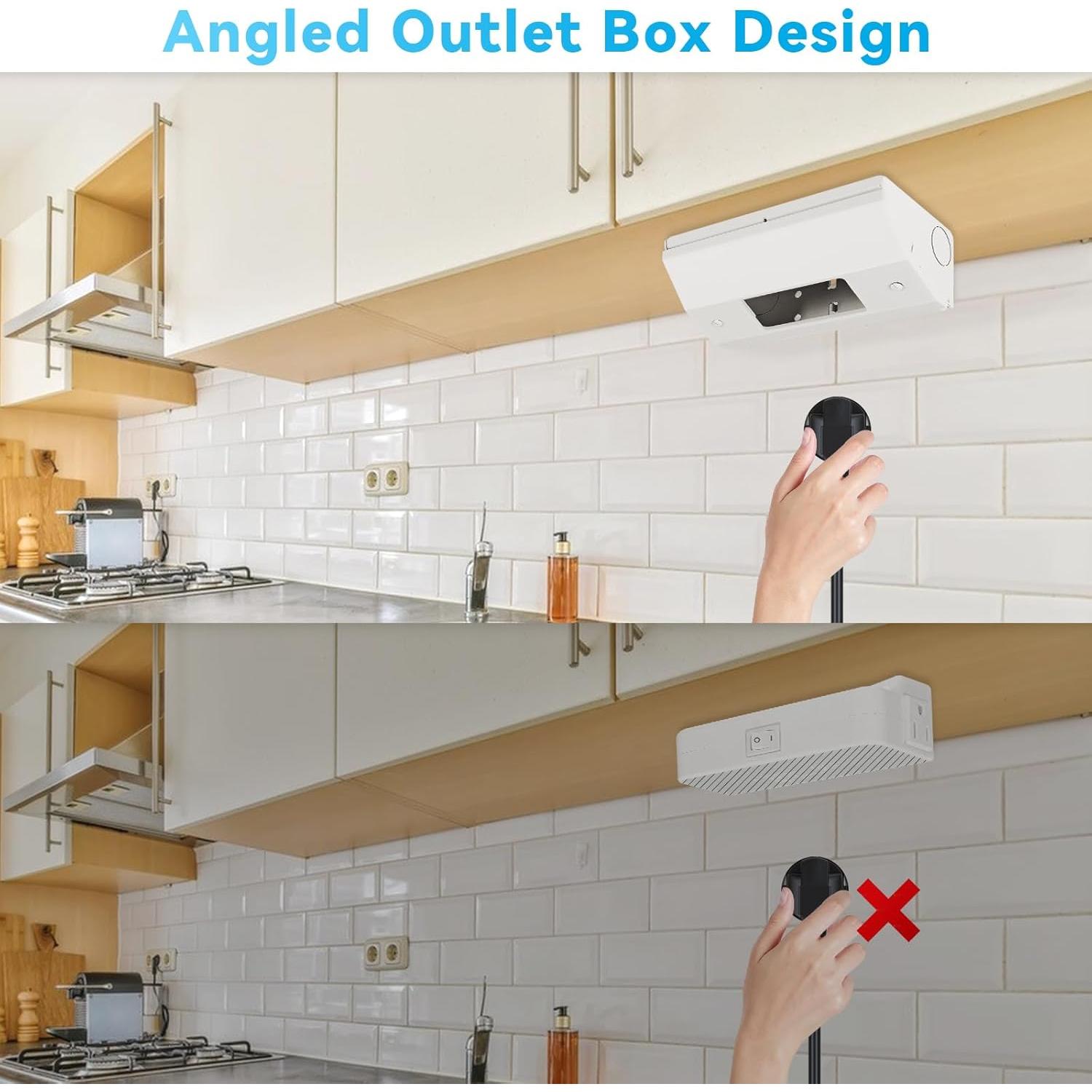 Under Cabinet Outlet Box with Low Profile Design, Hidden Electrical Solution, Easy to Install, Heavy Duty Metal Structure, Comply with NEC Standards, Keep Tile Backsplash Tidy, GFCI Outlet Fit Box