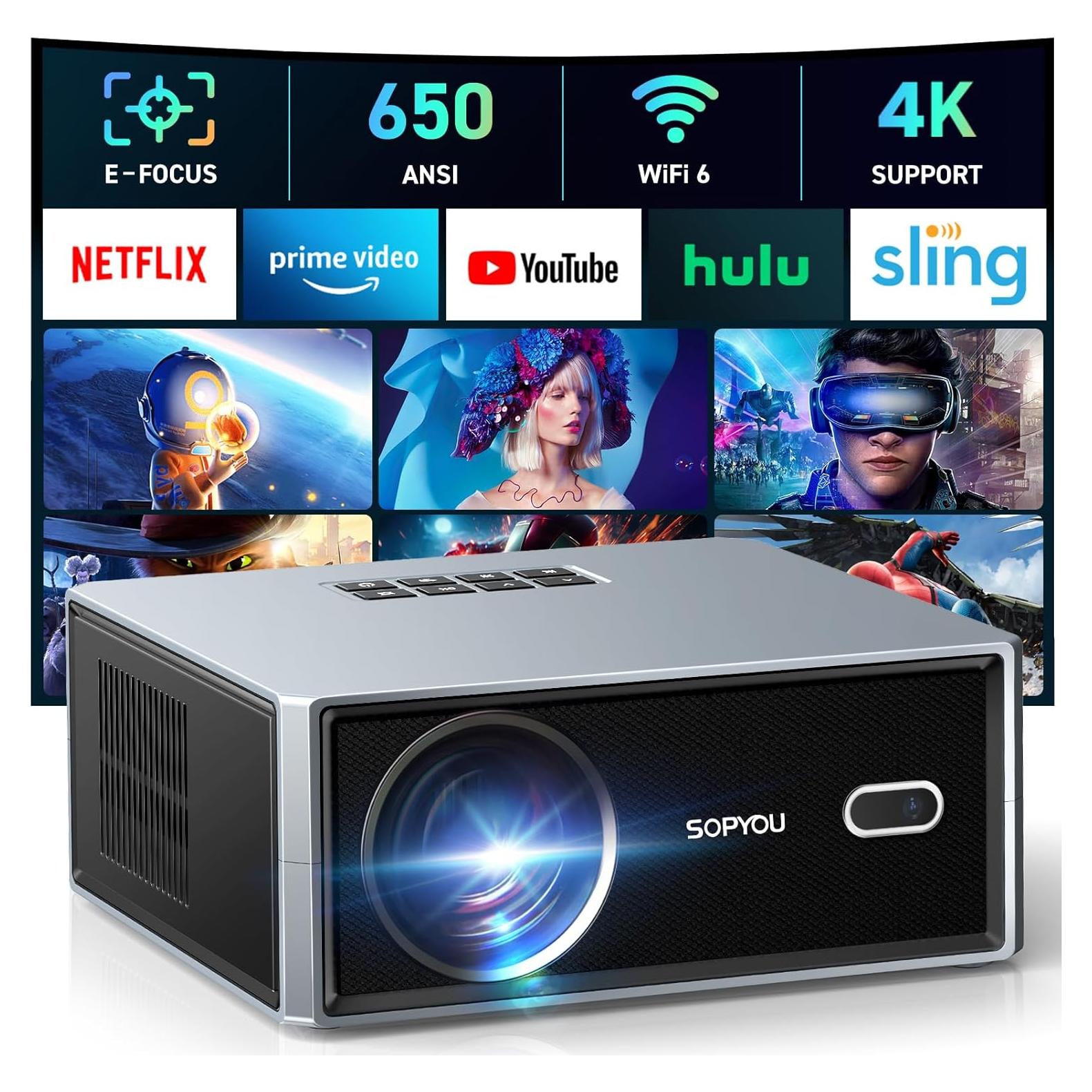 Proyector SOPYOU Aurora P5 1080P WiFi Bluetooth 650 ANSI 4K