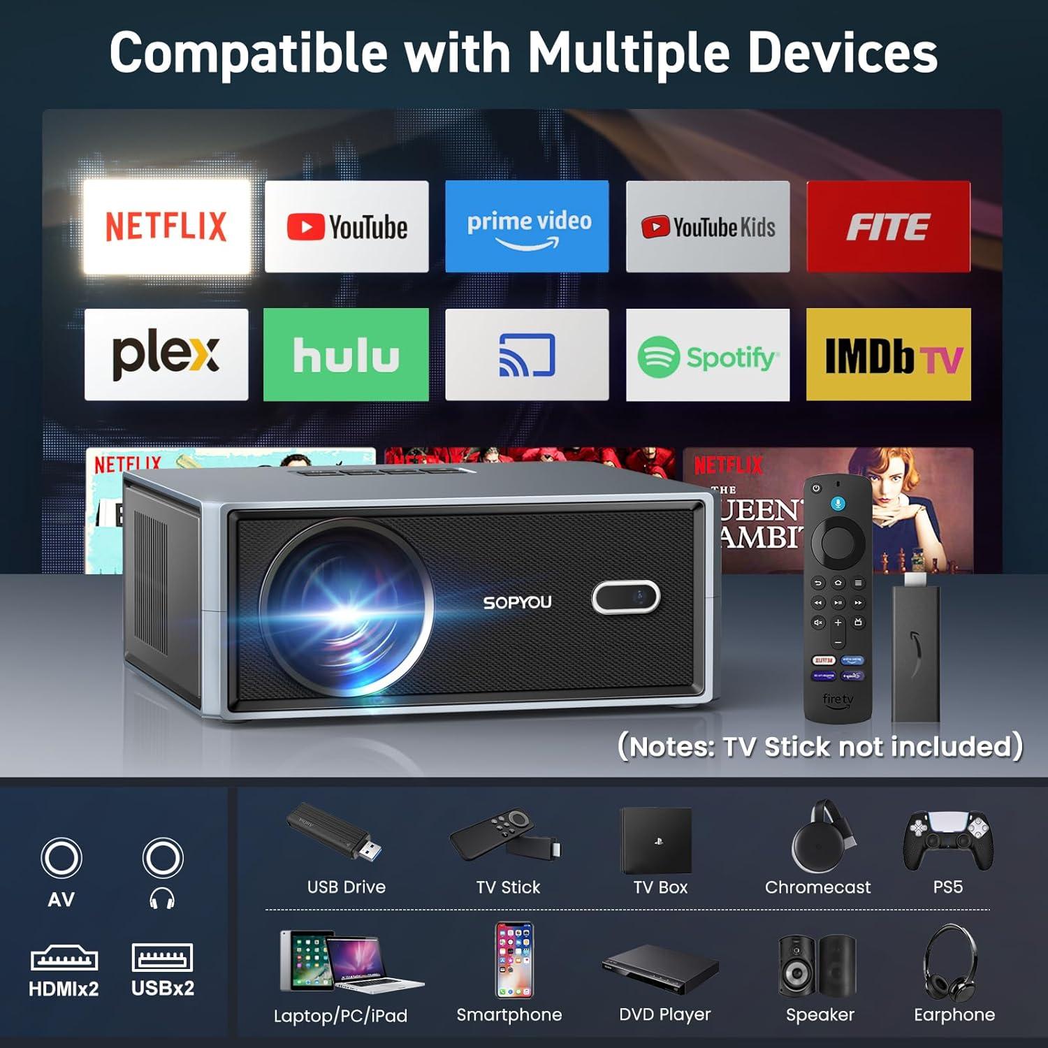 Proyector SOPYOU Aurora P5 1080P WiFi Bluetooth 650 ANSI 4K