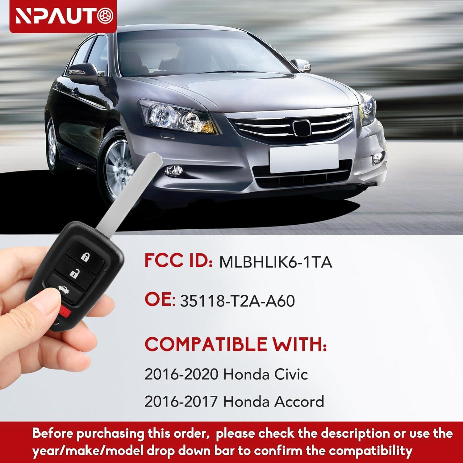 Llavero remoto NPAUTO para Honda Civic 2016-2020 y Accord 2016