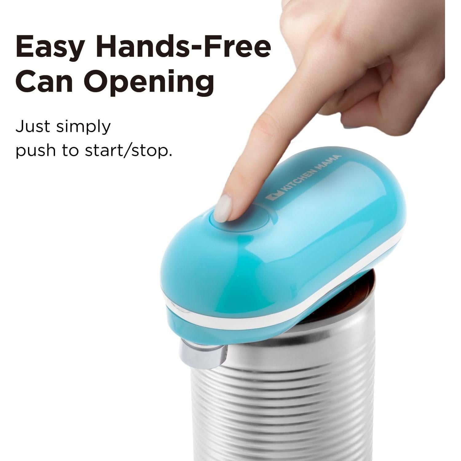 Kitchen Mama Mini Electric Can Opener Smooth Edge: Opens Cans with One Button Press - Ultra-Compact, Portable, Hands-Free, Food-Safe, Battery Operated (Blue)