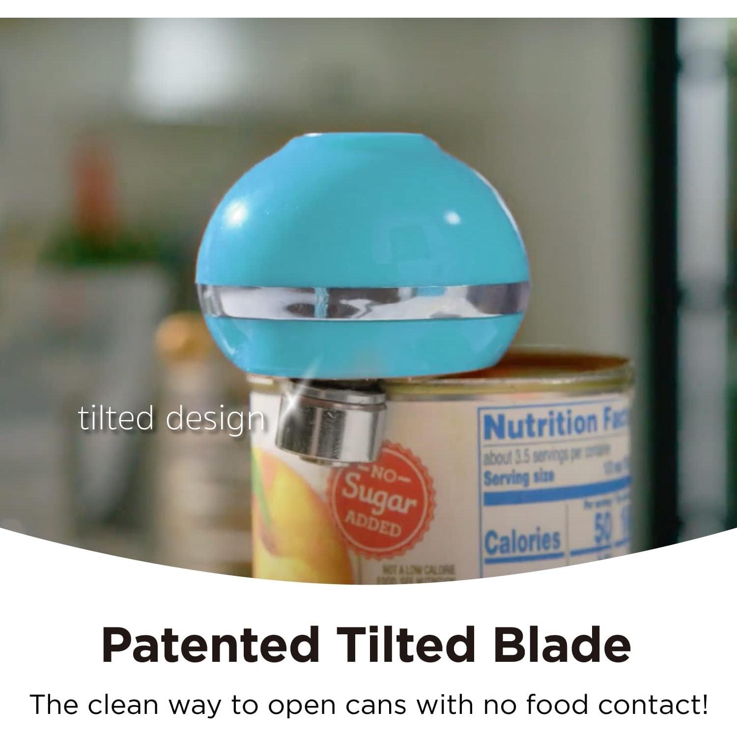 Kitchen Mama Mini Electric Can Opener Smooth Edge: Opens Cans with One Button Press - Ultra-Compact, Portable, Hands-Free, Food-Safe, Battery Operated (Blue)