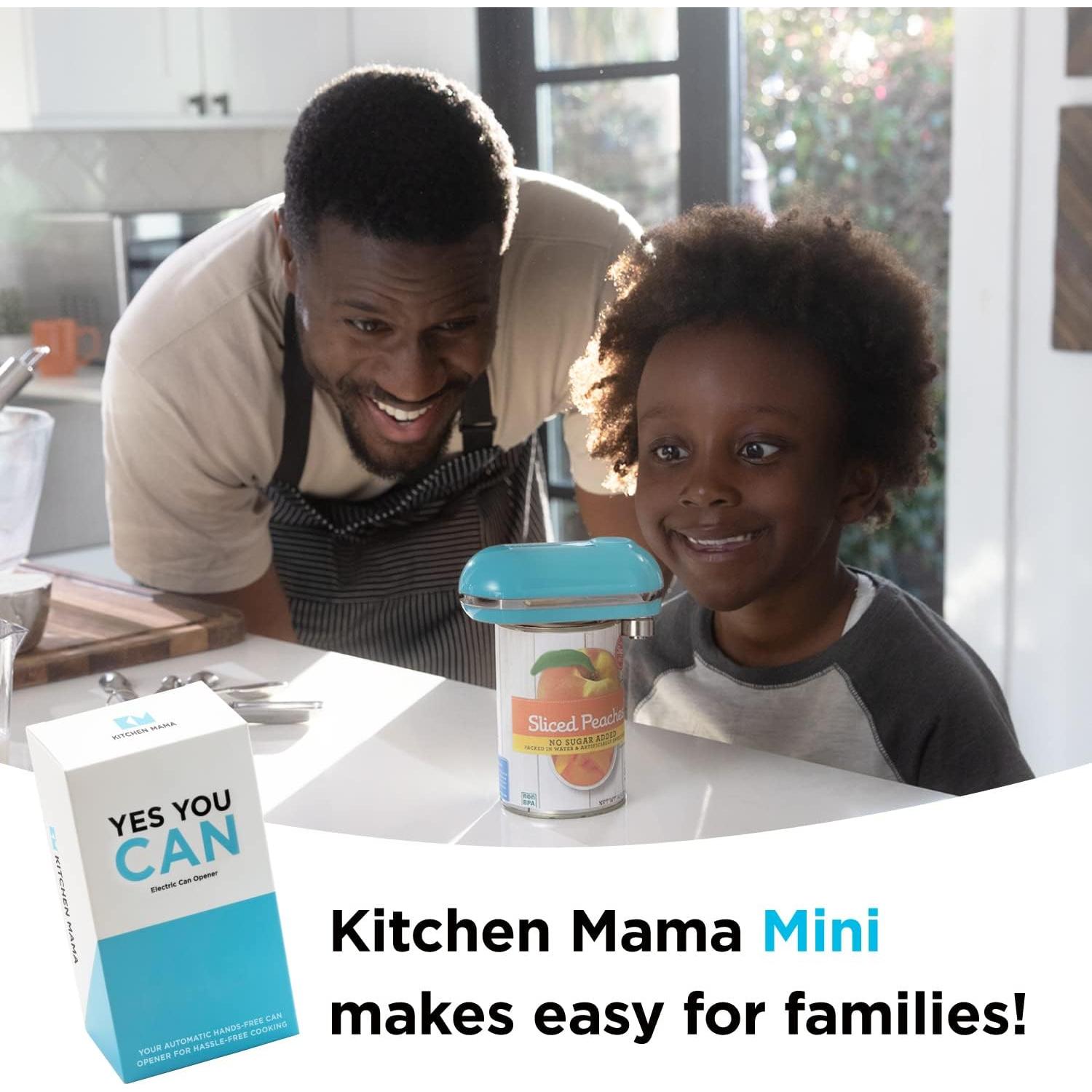 Kitchen Mama Mini Electric Can Opener Smooth Edge: Opens Cans with One Button Press - Ultra-Compact, Portable, Hands-Free, Food-Safe, Battery Operated (Blue)