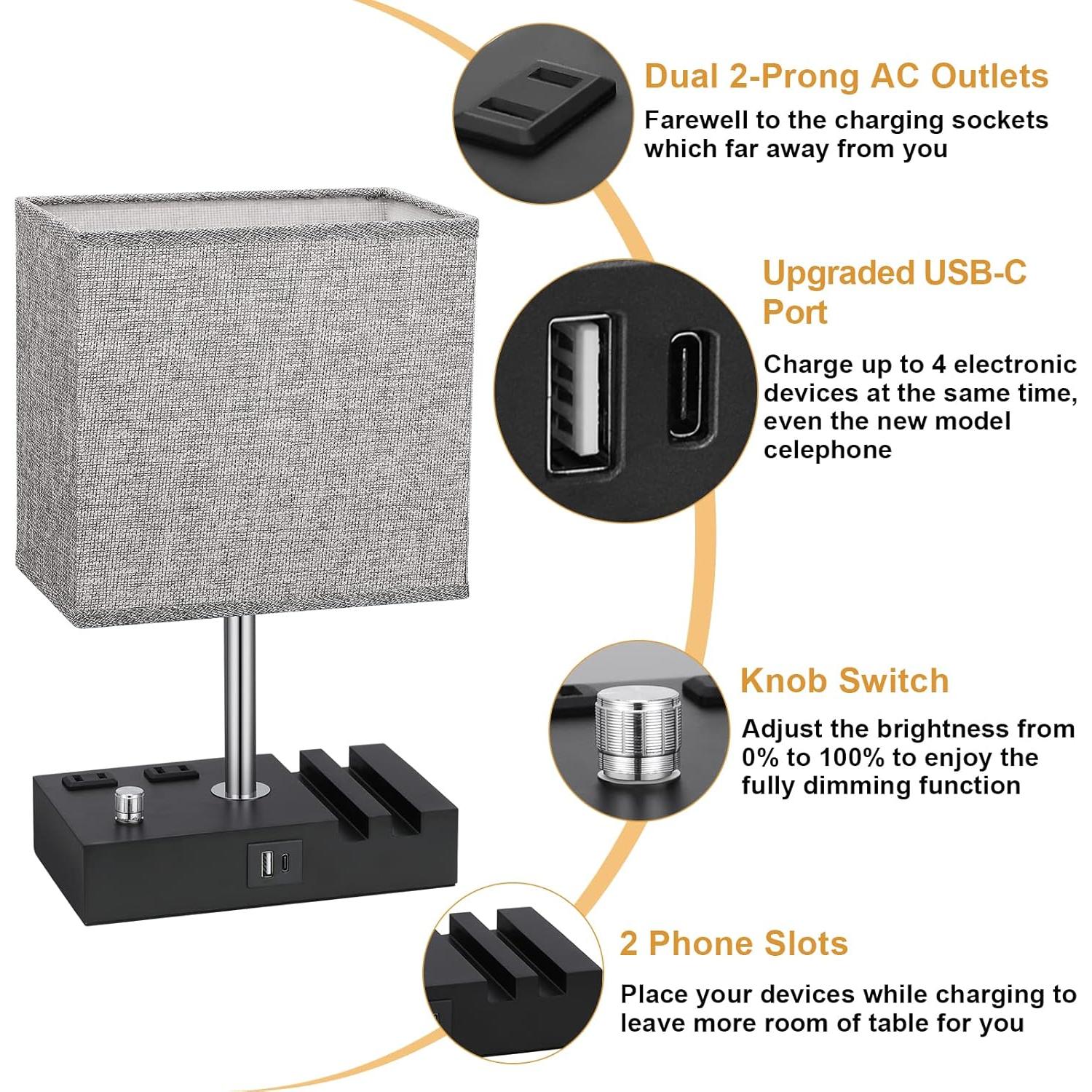 Lámpara de Mesita de Noche Regulable Kakanuo con USB-C Gris