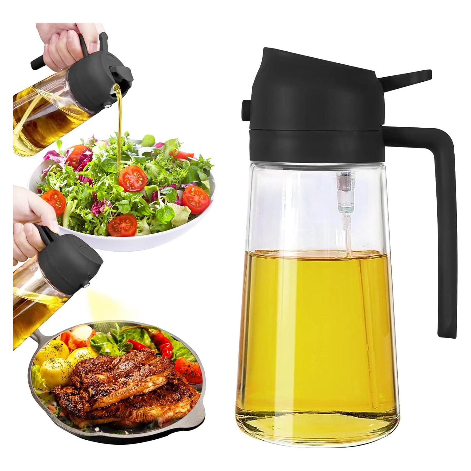2 in 1 Oil Dispenser and Oil Sprayer, 16oz Oil Dispenser for Kitchen, 470ml Food-grade Premium Oil Sprayer for Cooking, Air Fryer, Salad, Frying, BBQ(Black)- Kitchen Gadgets
