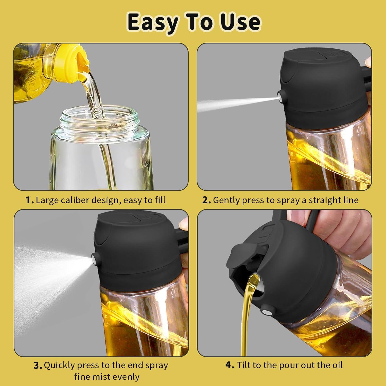 2 in 1 Oil Dispenser and Oil Sprayer, 16oz Oil Dispenser for Kitchen, 470ml Food-grade Premium Oil Sprayer for Cooking, Air Fryer, Salad, Frying, BBQ(Black)- Kitchen Gadgets