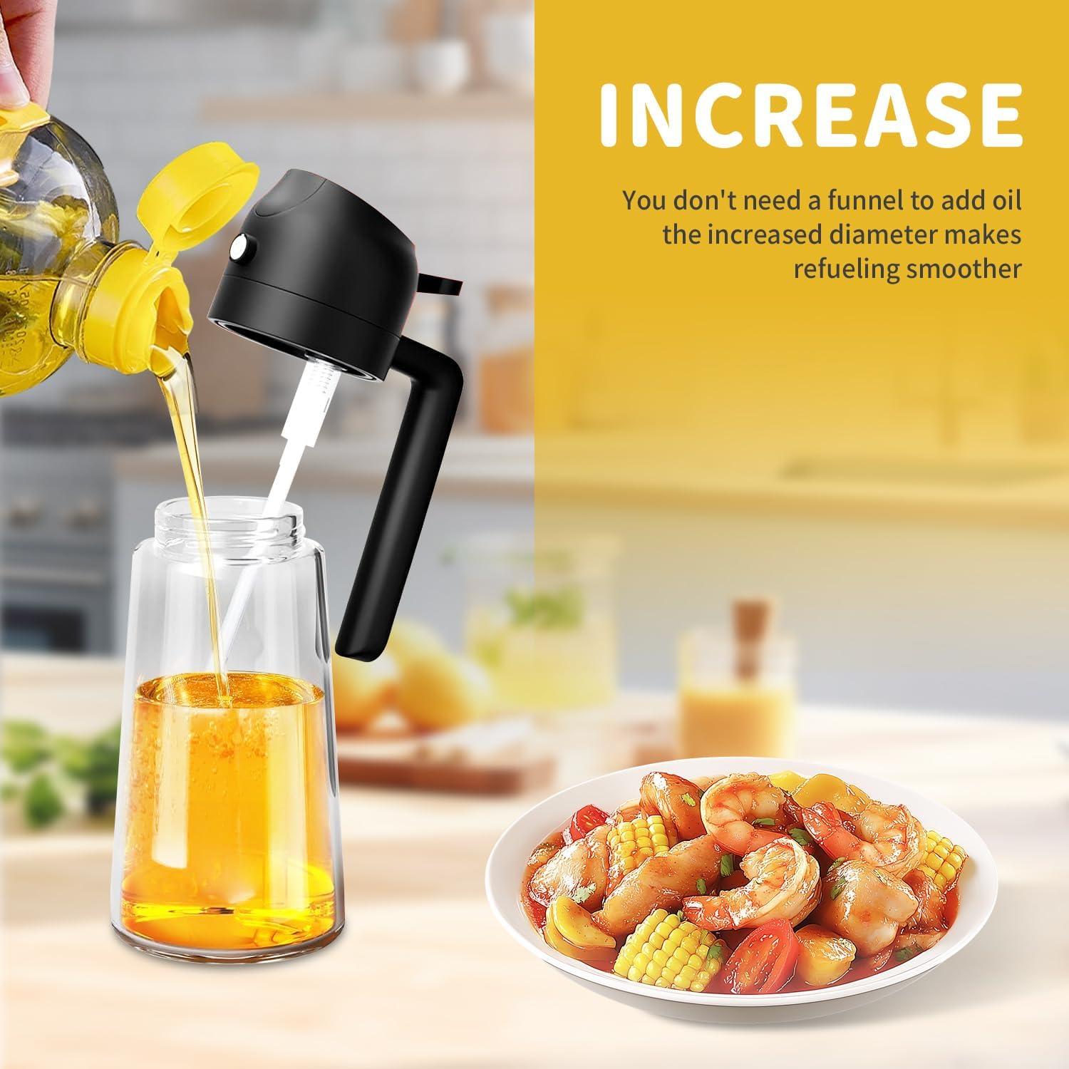 2 in 1 Oil Dispenser and Oil Sprayer, 16oz Oil Dispenser for Kitchen, 470ml Food-grade Premium Oil Sprayer for Cooking, Air Fryer, Salad, Frying, BBQ(Black)- Kitchen Gadgets