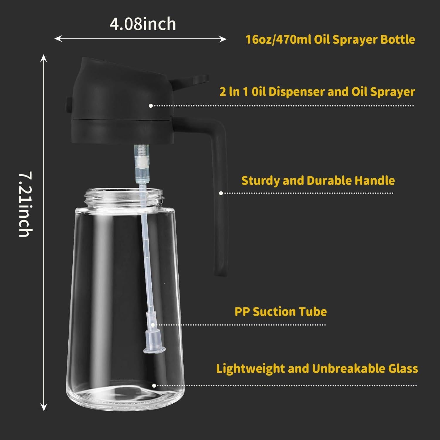 2 in 1 Oil Dispenser and Oil Sprayer, 16oz Oil Dispenser for Kitchen, 470ml Food-grade Premium Oil Sprayer for Cooking, Air Fryer, Salad, Frying, BBQ(Black)- Kitchen Gadgets