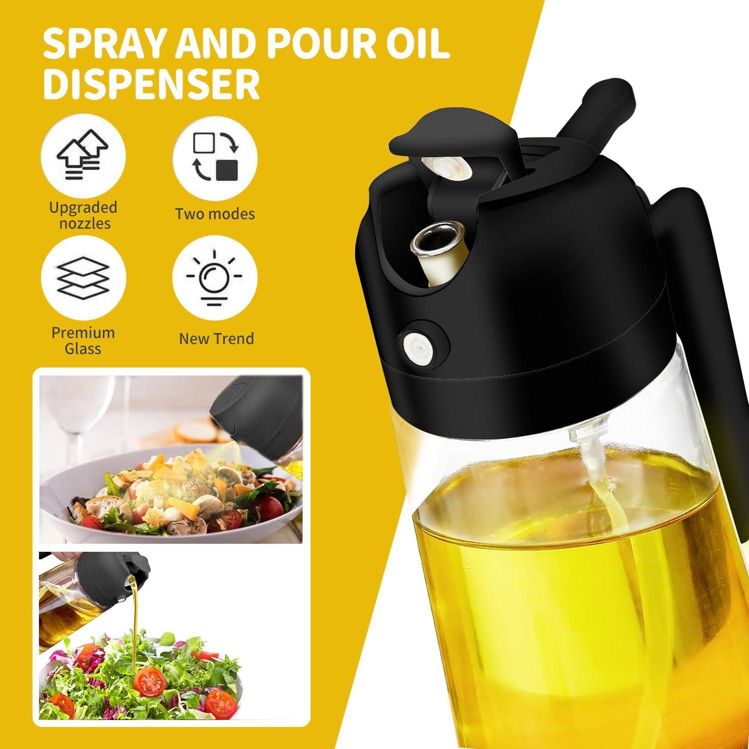 2 in 1 Oil Dispenser and Oil Sprayer, 16oz Oil Dispenser for Kitchen, 470ml Food-grade Premium Oil Sprayer for Cooking, Air Fryer, Salad, Frying, BBQ(Black)- Kitchen Gadgets