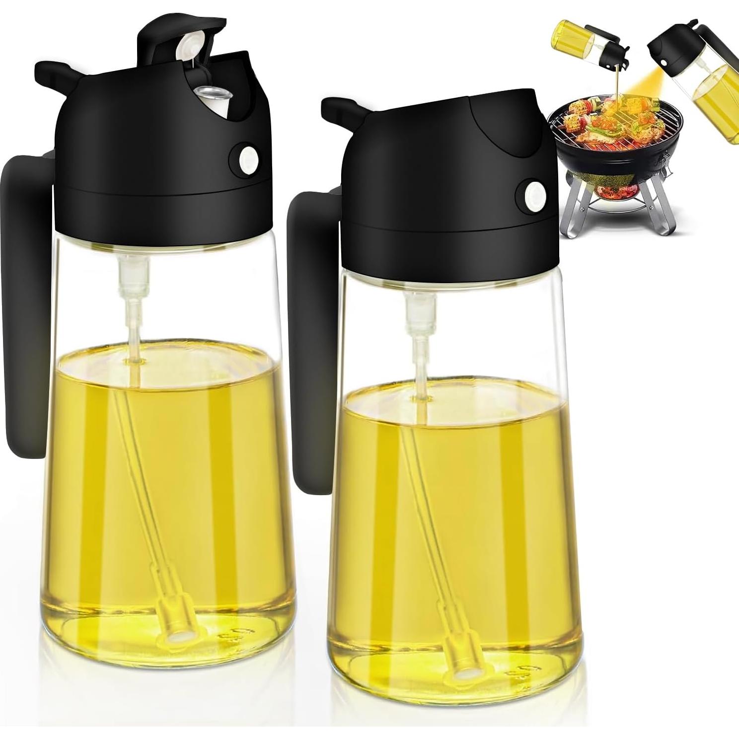 2 in 1 Oil Dispenser and Oil Sprayer, 16oz Oil Dispenser for Kitchen, 470ml Food-grade Premium Oil Sprayer for Cooking, Air Fryer, Salad, Frying, BBQ(Black)- Kitchen Gadgets