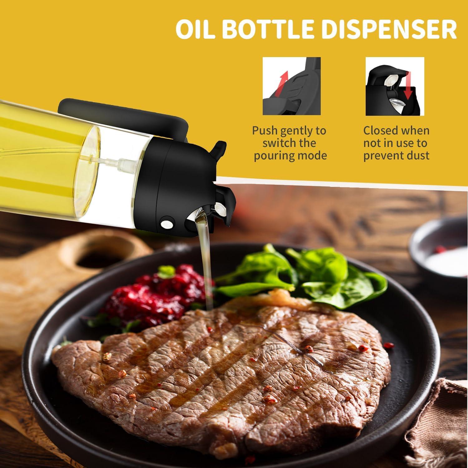 2 in 1 Oil Dispenser and Oil Sprayer, 16oz Oil Dispenser for Kitchen, 470ml Food-grade Premium Oil Sprayer for Cooking, Air Fryer, Salad, Frying, BBQ(Black)- Kitchen Gadgets