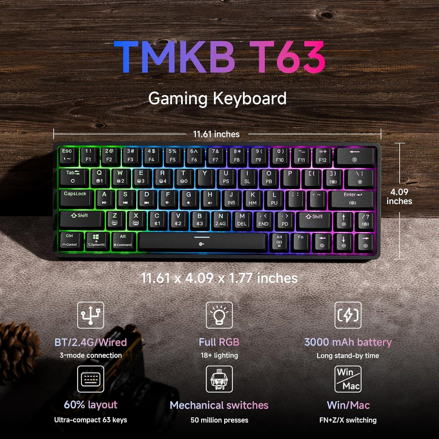 Teclado Mecánico Inalámbrico TMKB T63 60% RGB Azul Clicky