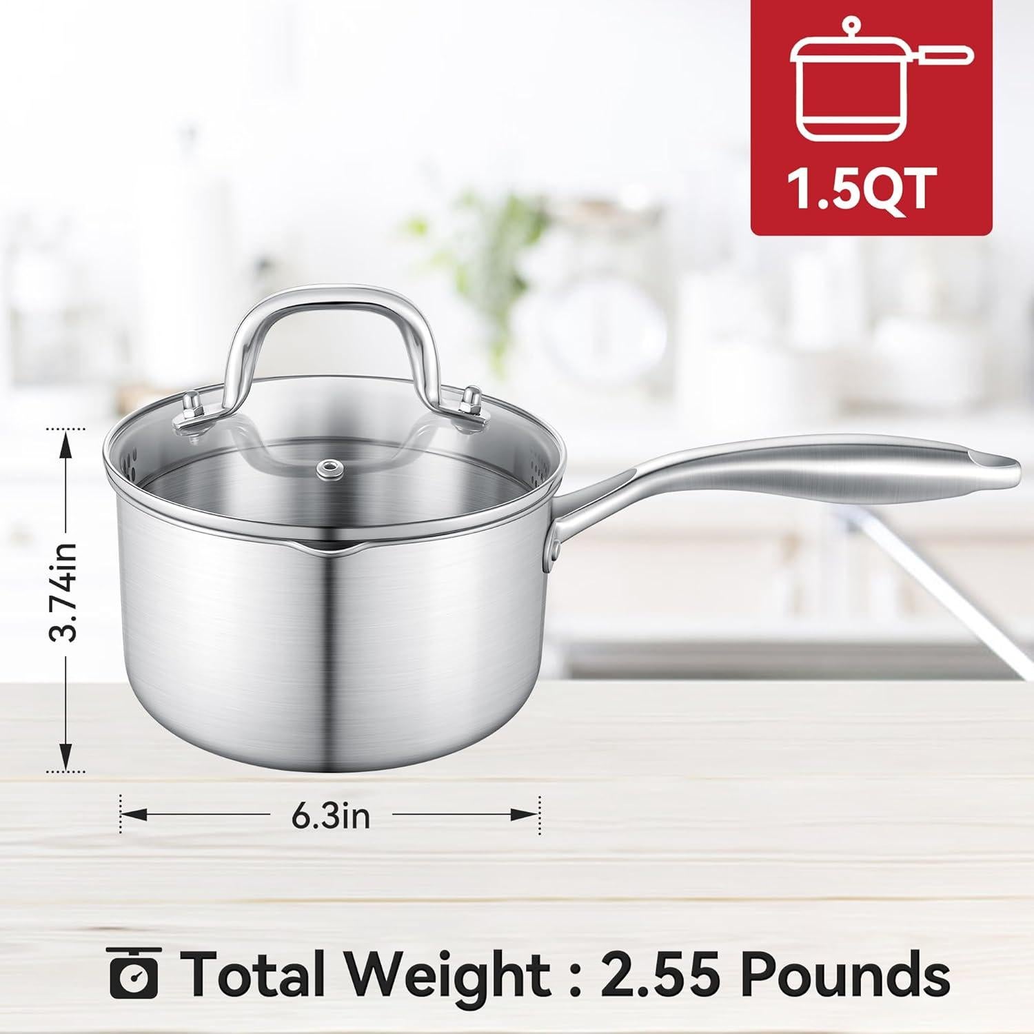 Cacerola de Acero Inoxidable Buttermelt 1.5L con Tapa de Vidrio