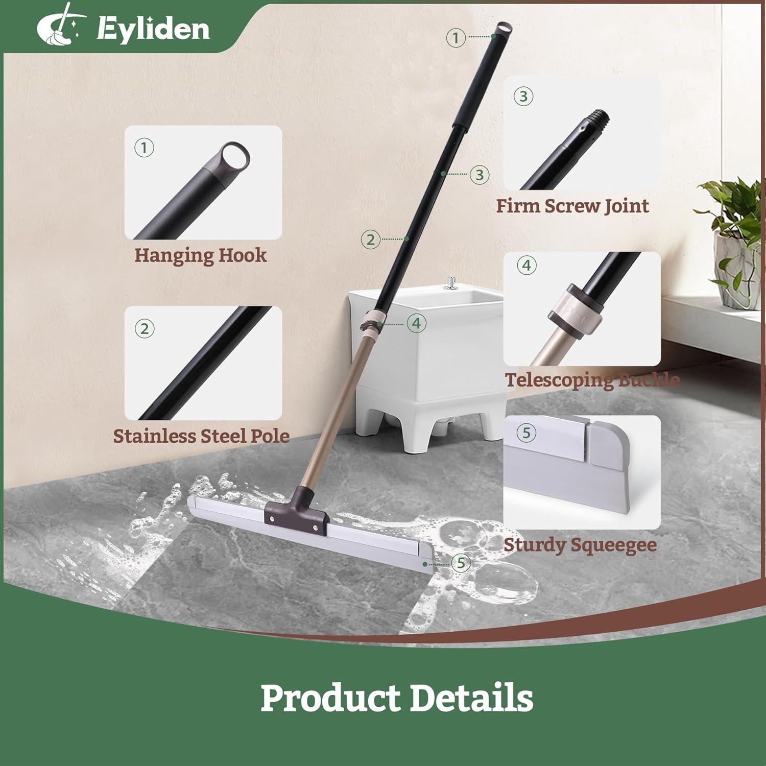 Eyliden 17" Rubber Floor Squeegee - Quick Water & Foam Removal, Dual-Action Push & Scrape Heavy-Duty Scrubber Broom with Telescopic Handle, for Bathroom Shower Kitchen Floors Glass Pool