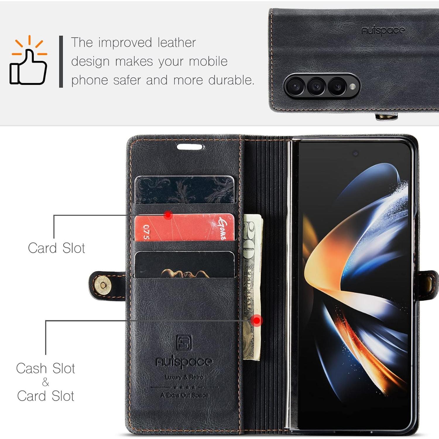 Funda EYZUTAK para Samsung Galaxy Z Fold 4 - Cuero Negro con RFID