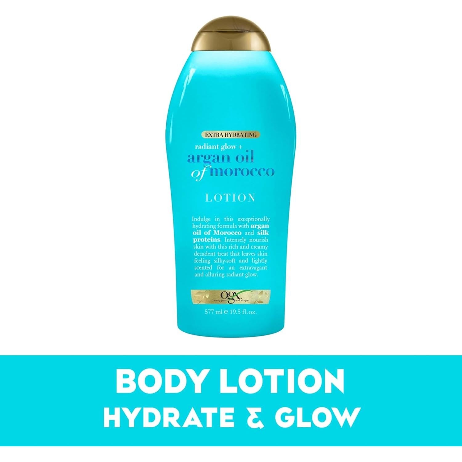 OGX Radiant Glow + Argan Oil of Morocco Extra Hydrating Body Lotion for Dry Skin, Nourishing Creamy Body & Hand Cream for Silky Soft Skin, Paraben-Free, Sulfated-Surfactants Free, 19.5 Ounce