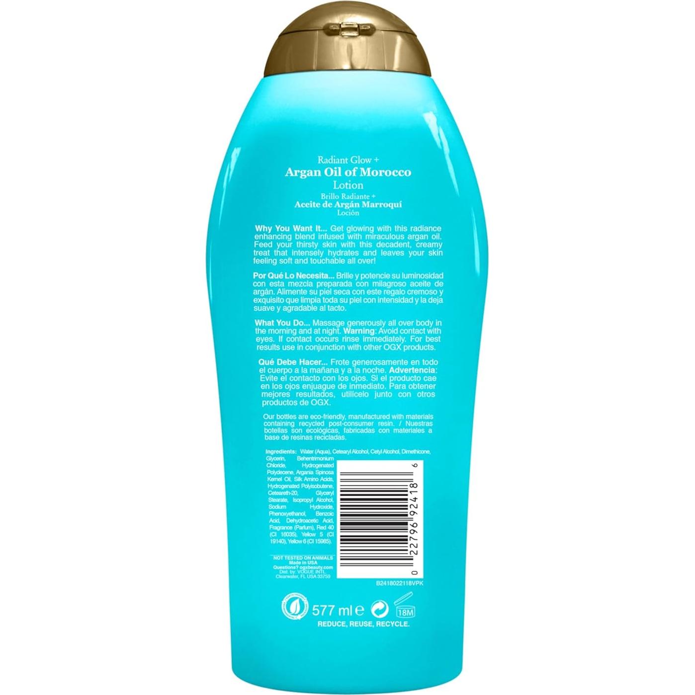 OGX Radiant Glow + Argan Oil of Morocco Extra Hydrating Body Lotion for Dry Skin, Nourishing Creamy Body & Hand Cream for Silky Soft Skin, Paraben-Free, Sulfated-Surfactants Free, 19.5 Ounce