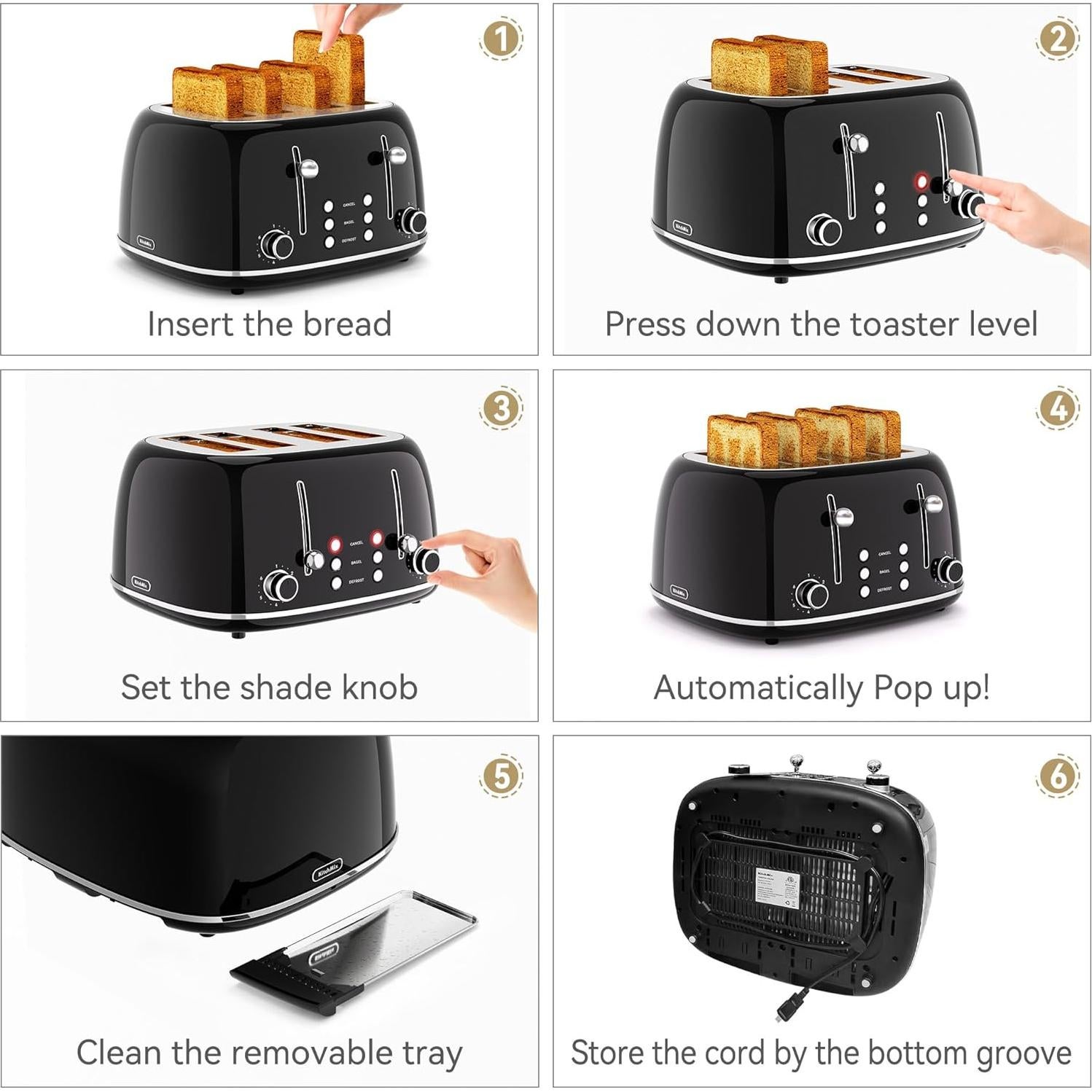 Tostadora Retro KITCHMIX 4 Rebanadas Acero Inoxidable Negro