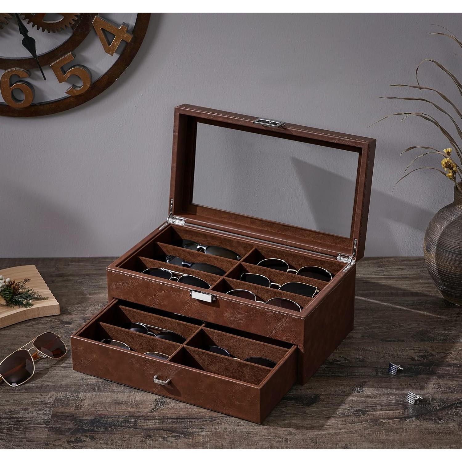 Organizador de Gafas BEWISHOME 12 Compartimentos Cuero Sintético