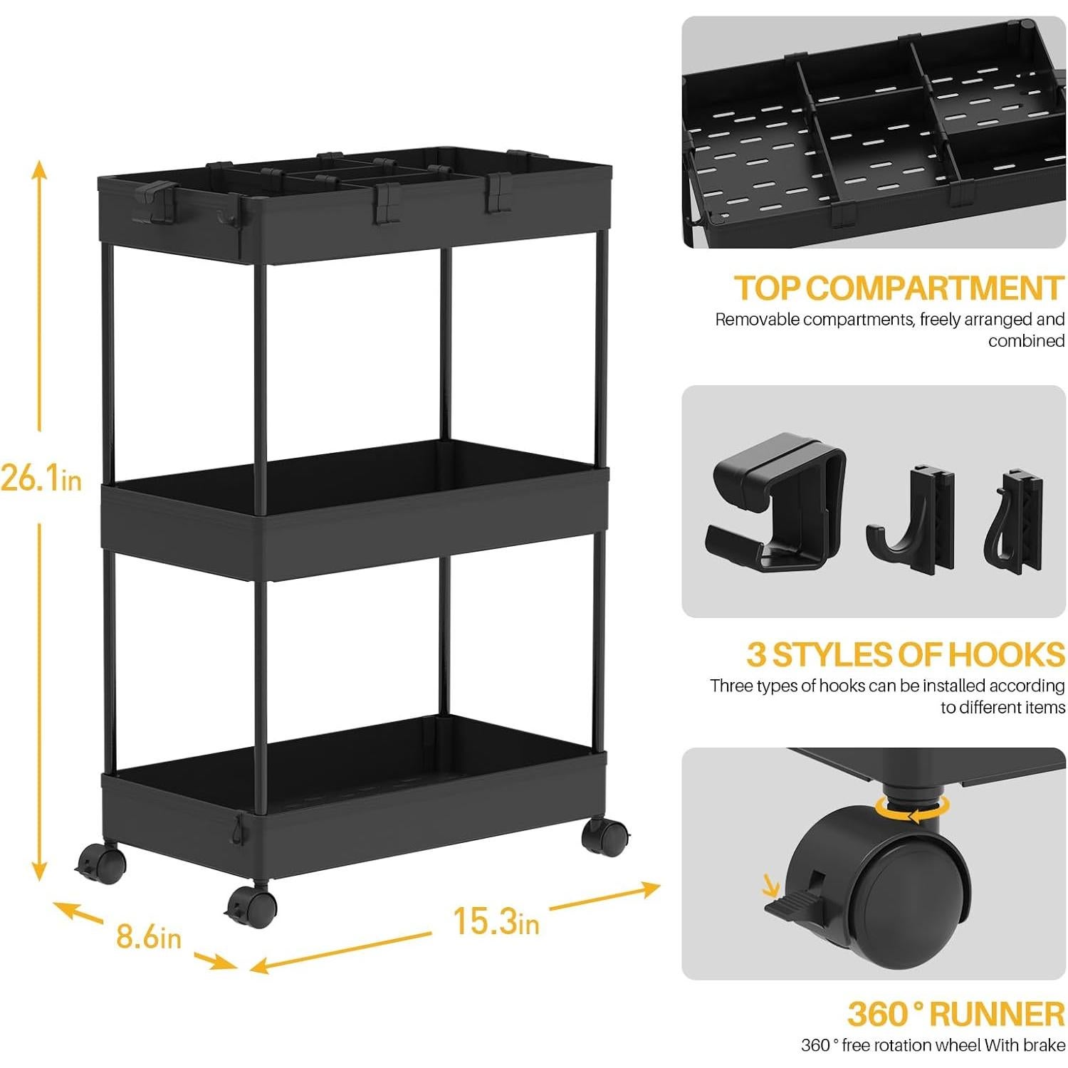 Carro Rodante SPACELEAD 3 Niveles Negro, Almacenamiento Móvil