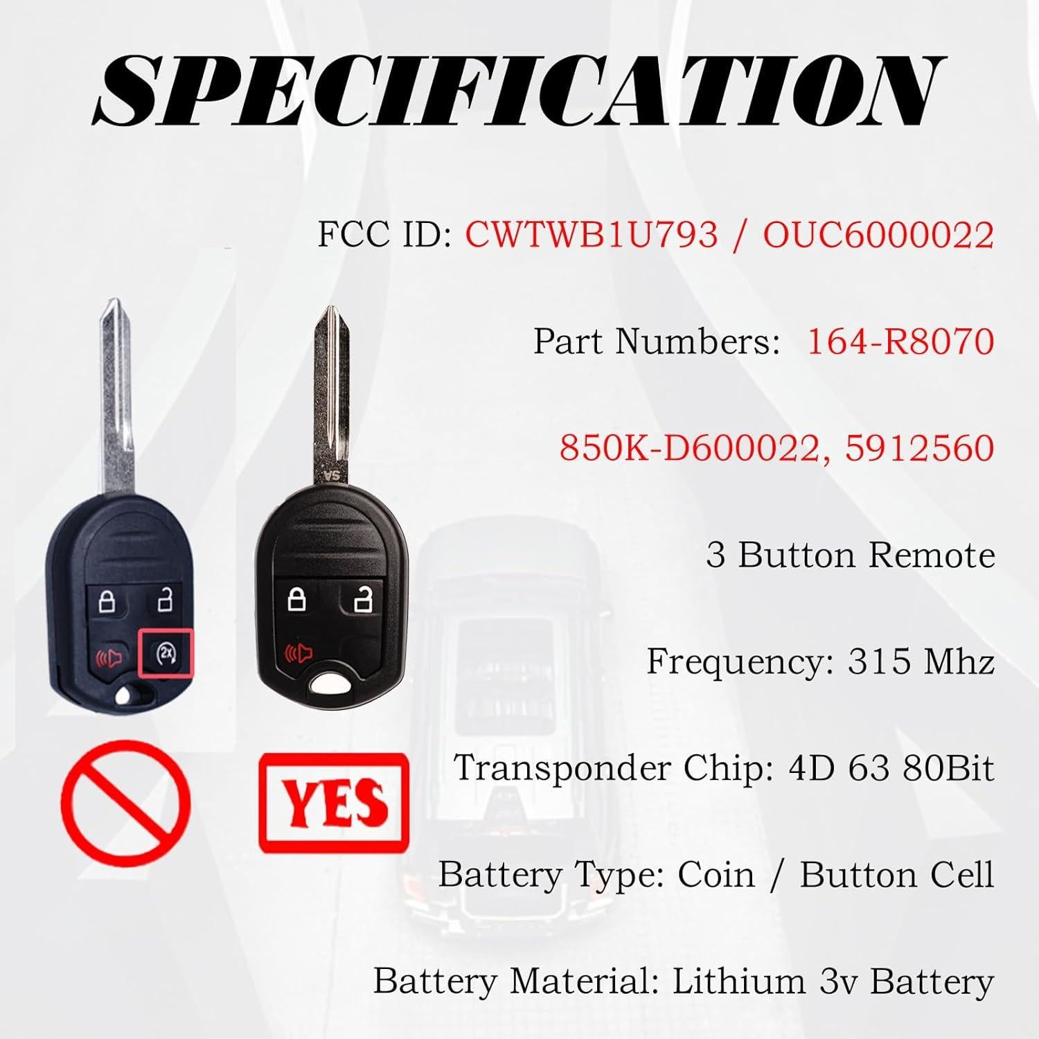 Control Remoto Llavero Ford CWTWB1U793 3 Botones Compatible