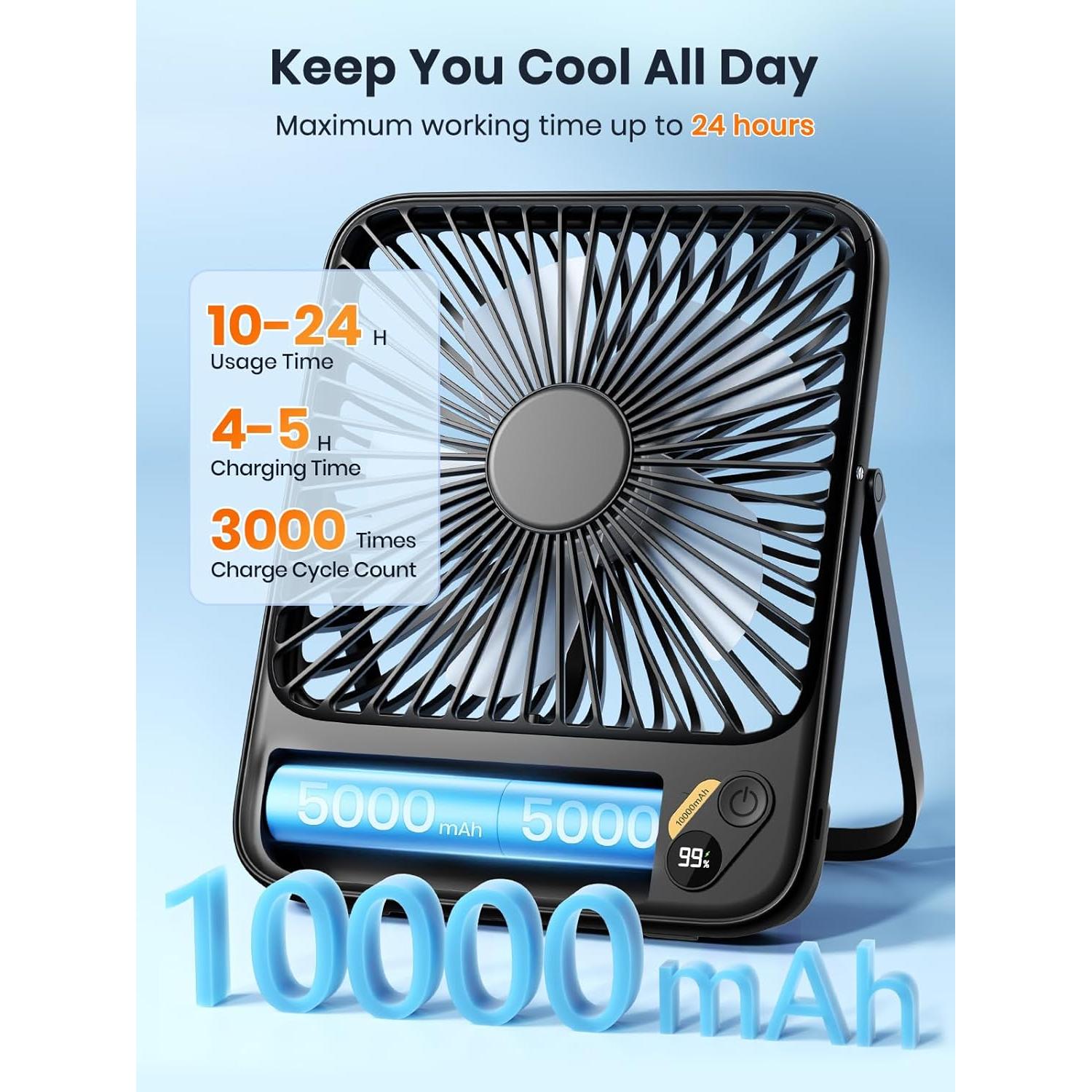 Ventilador Portátil Warmco D3 10000mAh 7" Recargable Negro