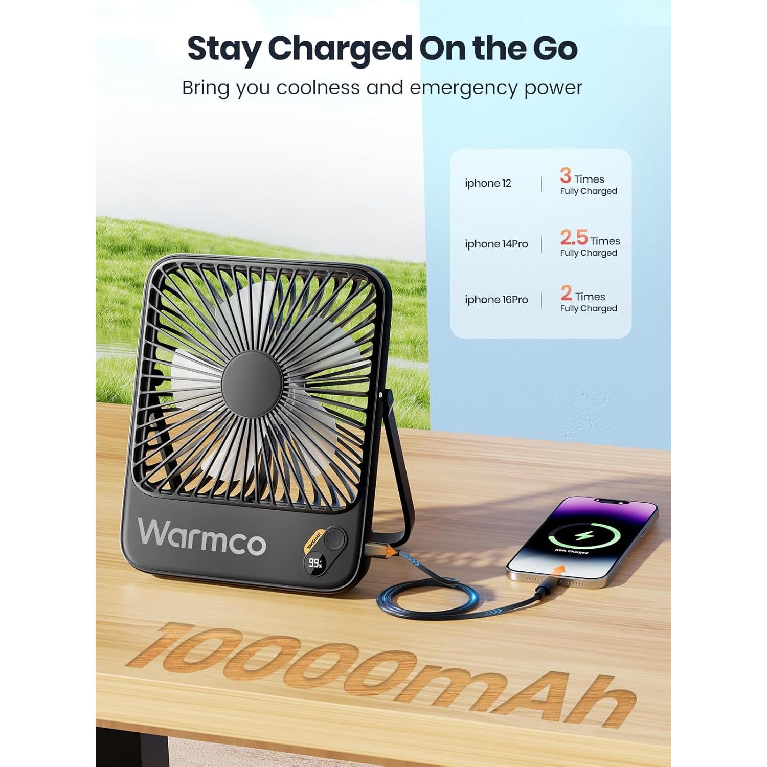 Ventilador Portátil Warmco D3 10000mAh 7" Recargable Negro