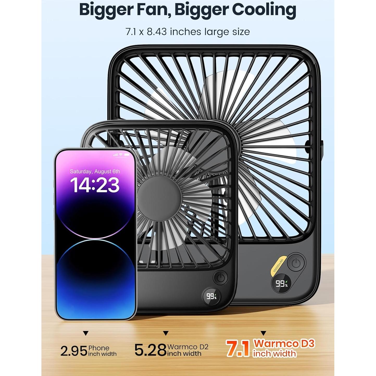 Ventilador Portátil Warmco D3 10000mAh 7" Recargable Negro